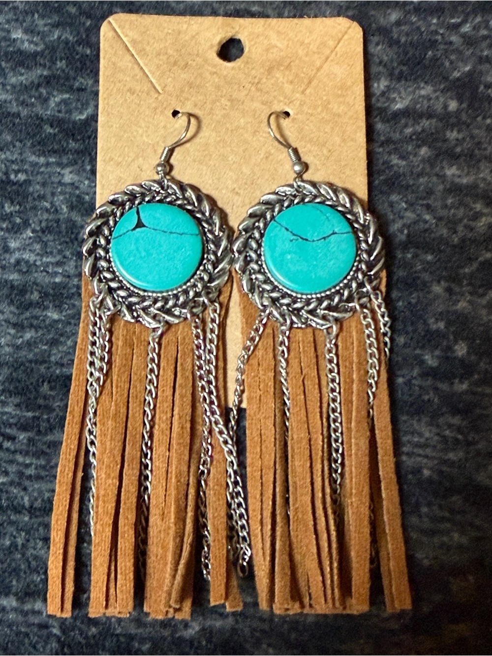 Western Turquoise Fringe Tassel Dangle Earrings Boho Cowgirl Brown